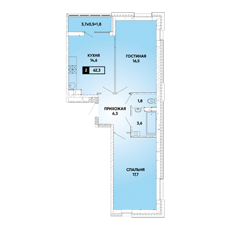 2 комнатная 62.3м²