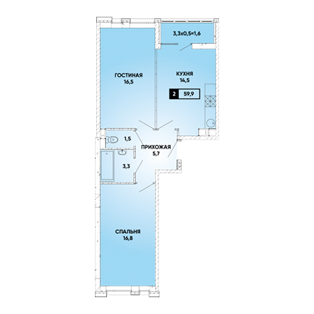 2 комнатная 59.9м²