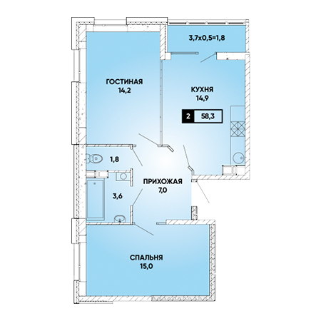 2 комнатная 58.3м²