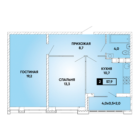 2 комнатная 57.9м²