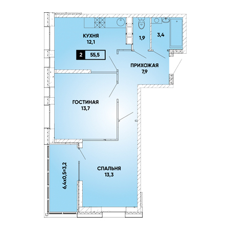 2 комнатная 55.5м²