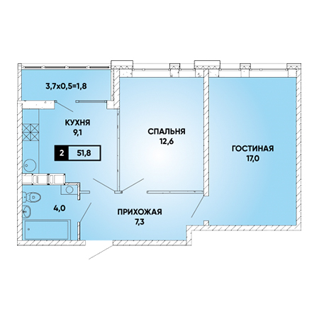 2 комнатная 51.8м²