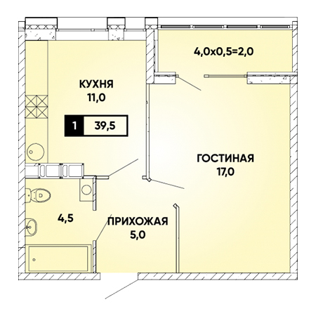 1 комнатная 39.5м²