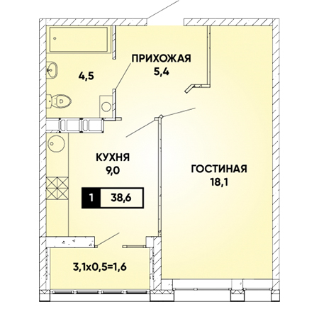 1 комнатная 38.6м²