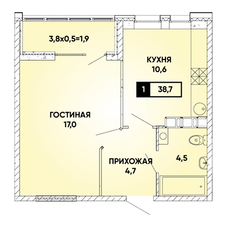 1 комнатная 38.7м²