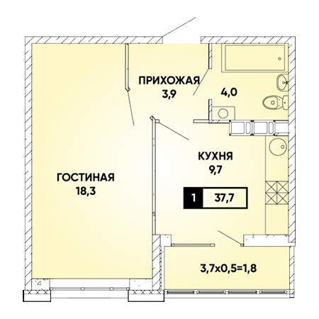 1 комнатная 37.7м²