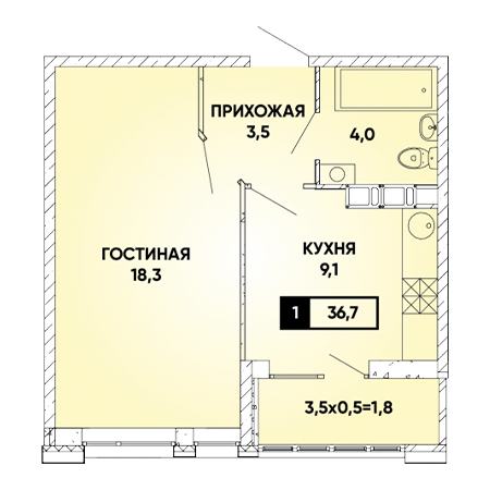 1 комнатная 36.7м²