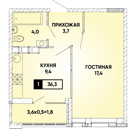 1 комнатная 36.3м²