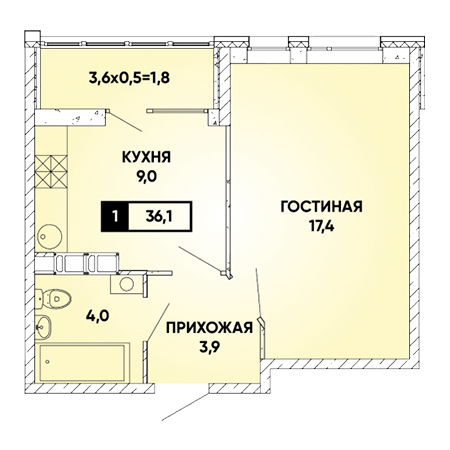 1 комнатная 36.1м²