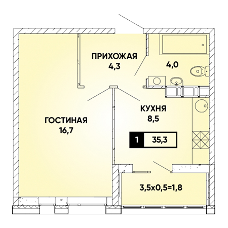 1 комнатная 35.3м²