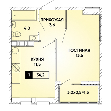 1 комнатная 34.2м²