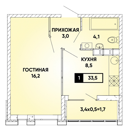 1 комнатная 33.5м²