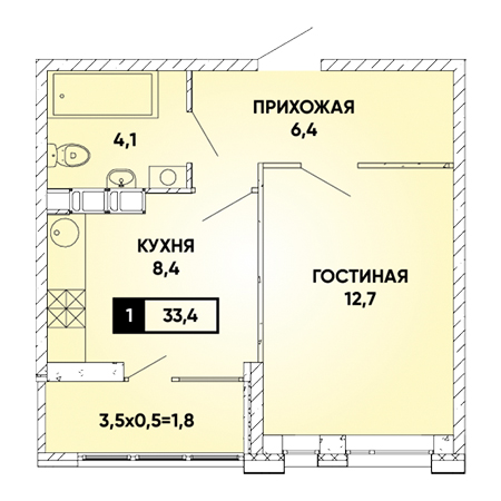 1 комнатная 33.4м²