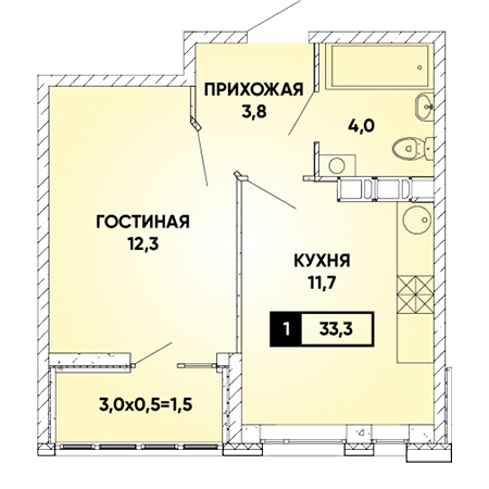 1 комнатная 33.3м²