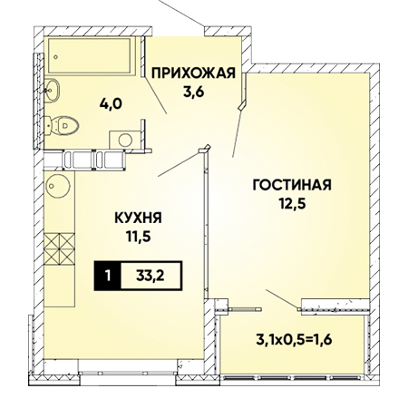 1 комнатная 33.2м²