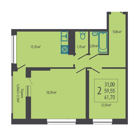 2 комнатная 61.7м²