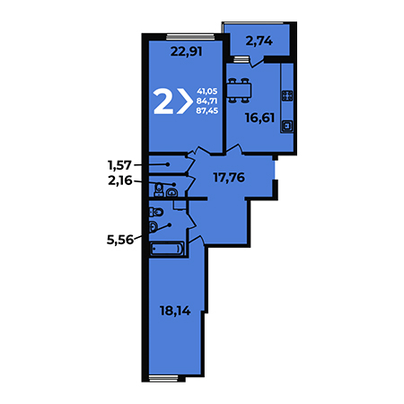 2 комнатная 87.45м²