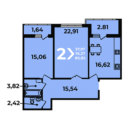 2 комнатная 80.82м²