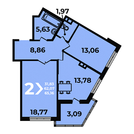 2 комнатная 65.16м²