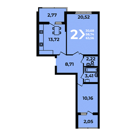 2 комнатная 63.56м²