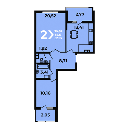 2 комнатная 62.95м²