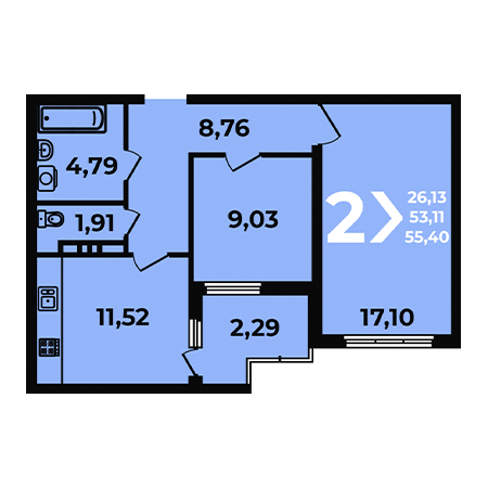 2 комнатная 55.4м²