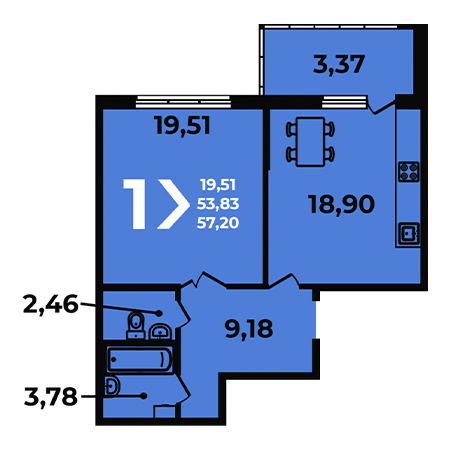 1 комнатная 57.2м²