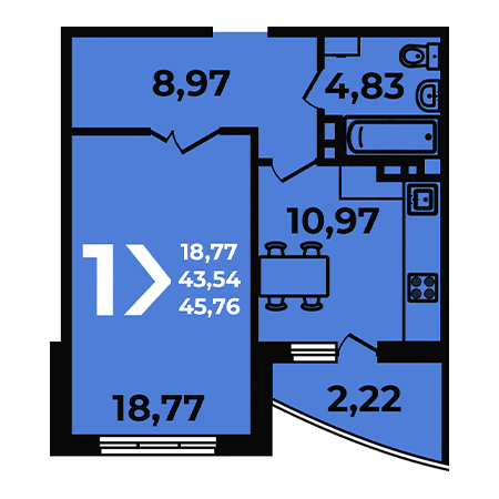 1 комнатная 45.76м²