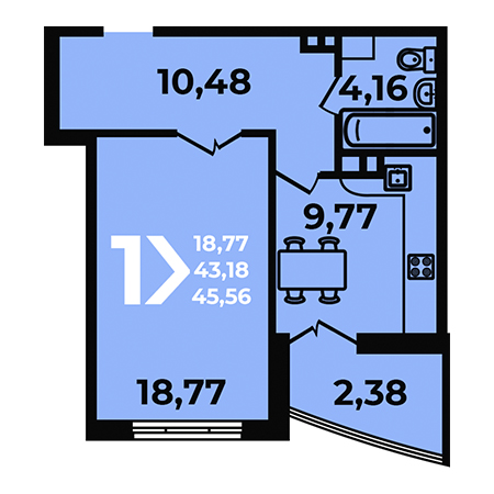 1 комнатная 45.56м²