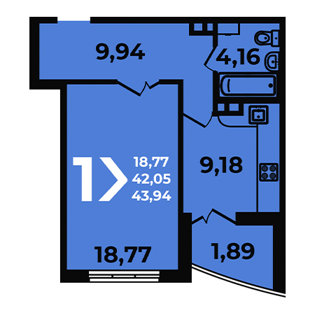 1 комнатная 43.94м²