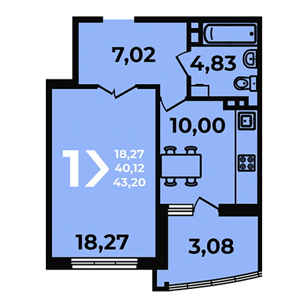 1 комнатная 43.2м²