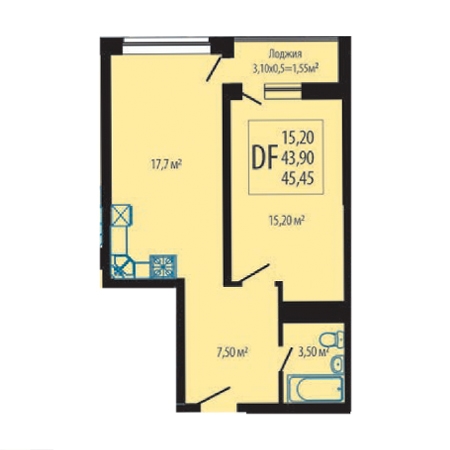 1 комнатная 45.45м²