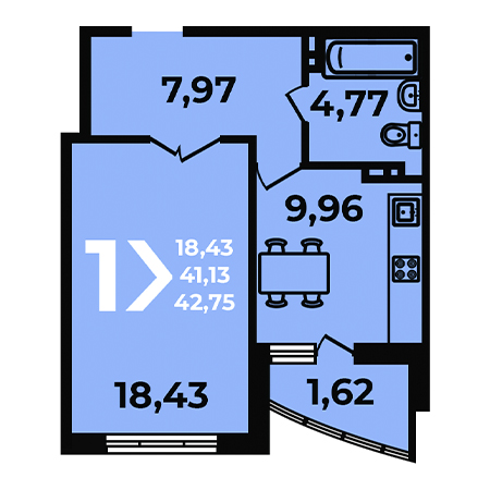 1 комнатная 42.75м²