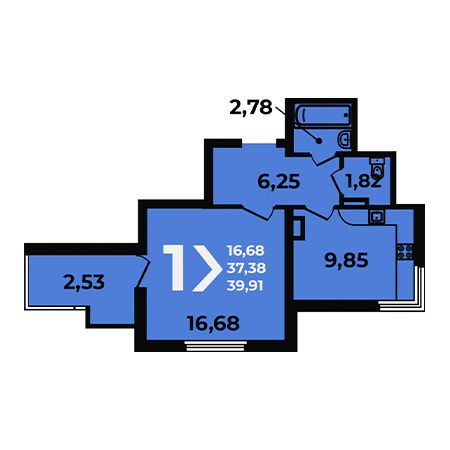 1 комнатная 39.91м²