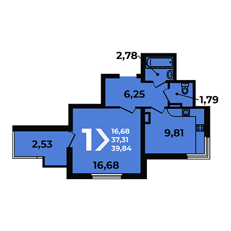 1 комнатная 39.84м²