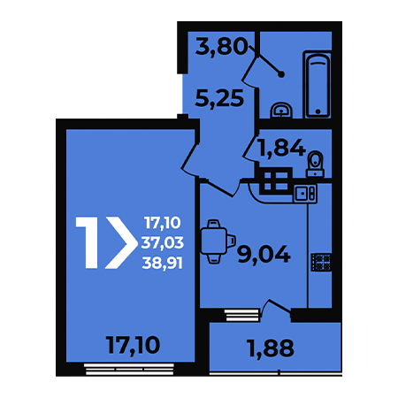 1 комнатная 38.91м²