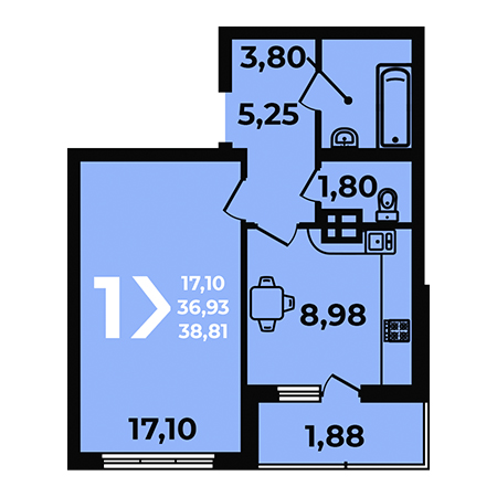 1 комнатная 38.81м²