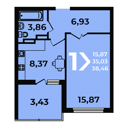 1 комнатная 38.46м²