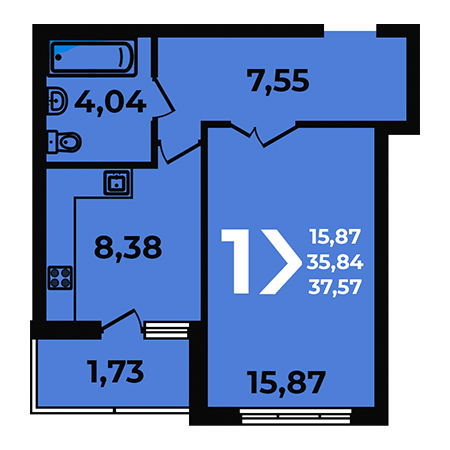 1 комнатная 37.57м²