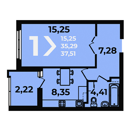 1 комнатная 37.51м²