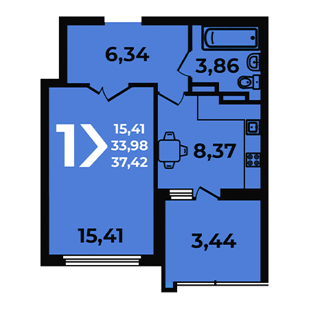 1 комнатная 37.42м²