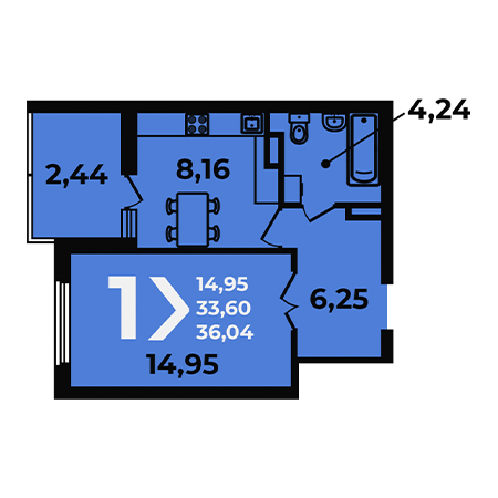 1 комнатная 36.04м²