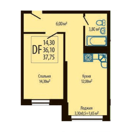 1 комнатная 37.75м²