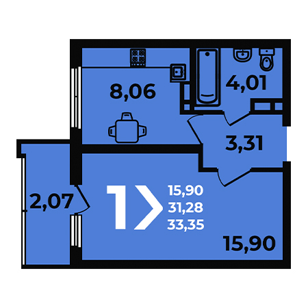 1 комнатная 33.35м²