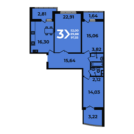 3 комнатная 97.55м²