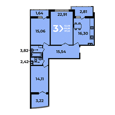 3 комнатная 97.53м²