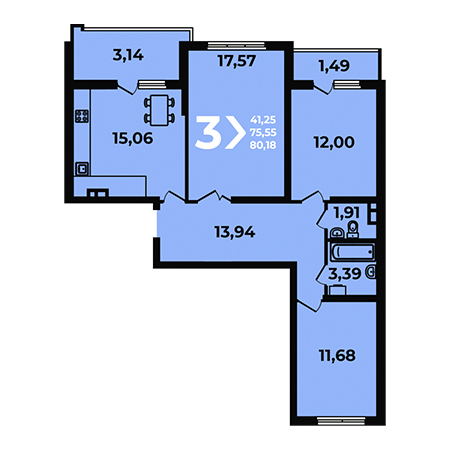 3 комнатная 80.18м²