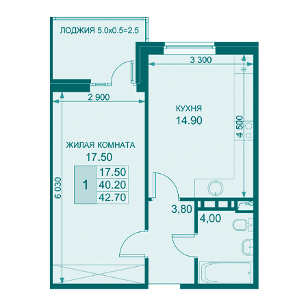 1 комнатная 42.7м²