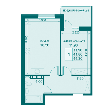 1 комнатная 44.3м²