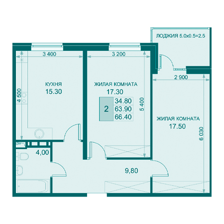 2 комнатная 66.4м²